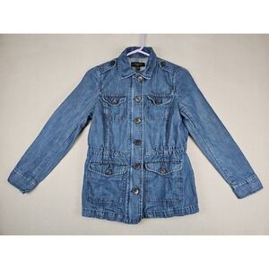 Talbots Petite Denim Utility Jacket Size P Blue Drawstring Waist Cotton/Hemp